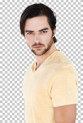 Portrait, model and fashion with a man for a magazine cover or style. Fashion model, marketing and advertising with a male on blank branding space isolated on a png background