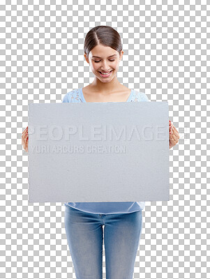 A Woman, poster and smile for marketing, advertising or branding. Happy isolated female model holding billboard for message, brand or advertisement isolated on a png background