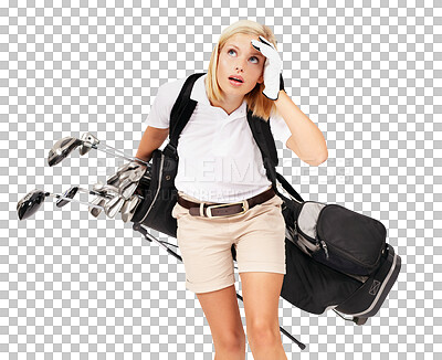 Sports, beauty and woman with golf bag isolated on a png background, fitness, sport and caddy looking up. Golf, competition and tired woman carrying heavy bag with golf clubs, exhausted in studio.