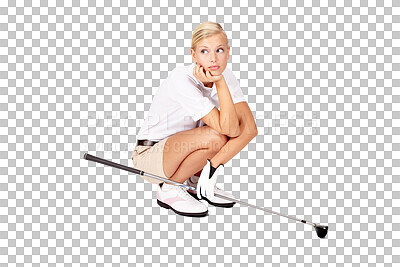 Golf, woman thinking or upset face with club for sports activity or kneeling thoughtful. Golfer, unhappy and person wondering with golf club, annoyed or waiting for golfing isolated on a png background