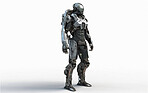 Cyborg, robot and iron warrior on mockup for futuristic war, galactic cyberspace battle or android machine against white studio background. Cyber soldier in robotic future or technology on copy space
