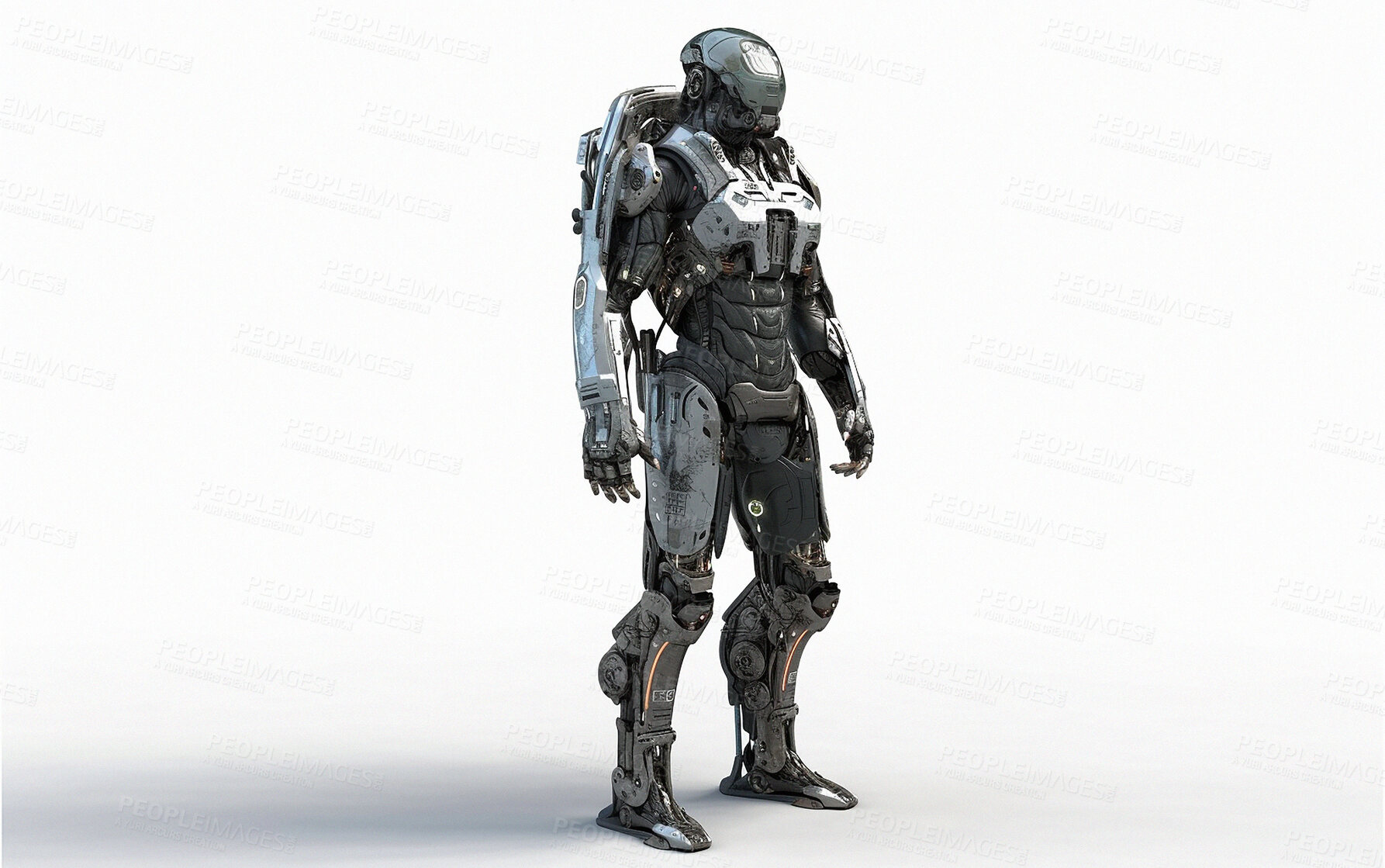 Buy stock photo Cyborg, robot and iron warrior on mockup in futuristic war,  cyberspace battle or android machine against white studio background. Future cyber robotic humanoid, metahuman or metaperson on copy space