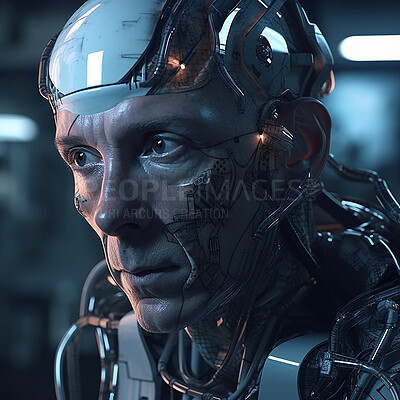 Buy stock photo Cyberpunk, cyborg and scifi old man for gaming character, digital video game and futuristic metaverse. Technology, virtual reality and dystopian male at night for fantasy ai generated robot design