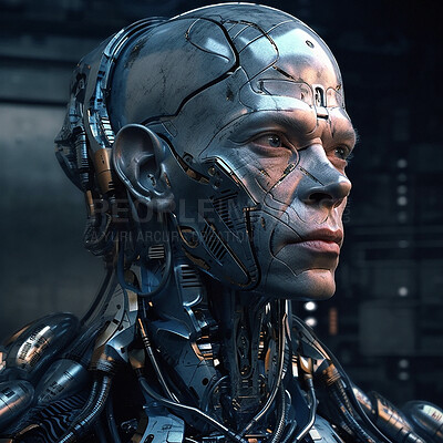 Buy stock photo Cyberpunk, futuristic and scifi cyborg man for video game character, digital gaming and metaverse. Technology, virtual reality and dystopian metal machine at night for ai generated 3d robot design