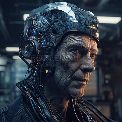 Buy stock photo Cyberpunk, futuristic cyborg and scifi old man for video game character, digital gaming and metaverse. Technology, virtual reality and dystopian male soldier at night for ai generated robot design