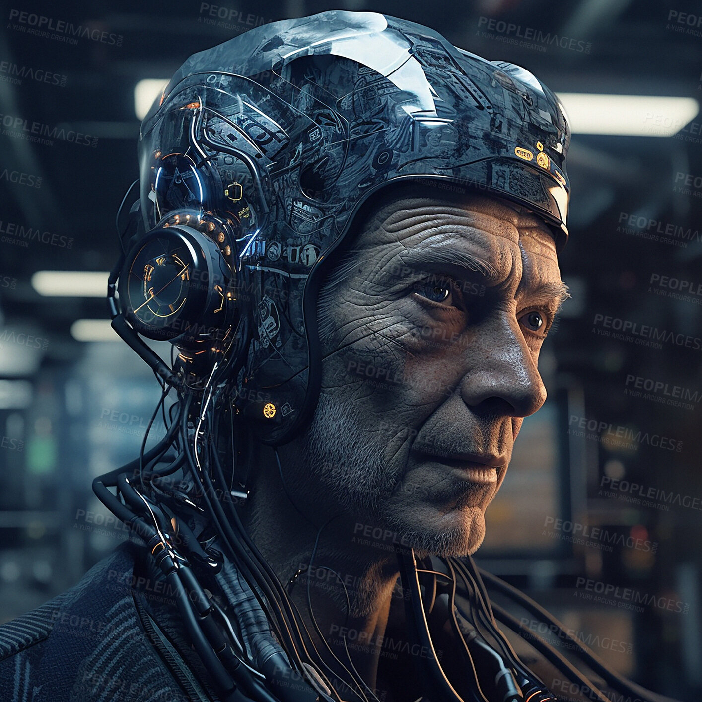 Buy stock photo Cyberpunk, futuristic cyborg and scifi old man for video game character, digital gaming and metaverse. Technology, virtual reality and dystopian male soldier at night for ai generated robot design