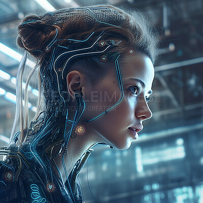Buy stock photo Cyberpunk, futuristic gaming and scifi woman for fantasy character, digital video game and metaverse. Technology, virtual reality and girl in dystopian city at night with ai generated robot art