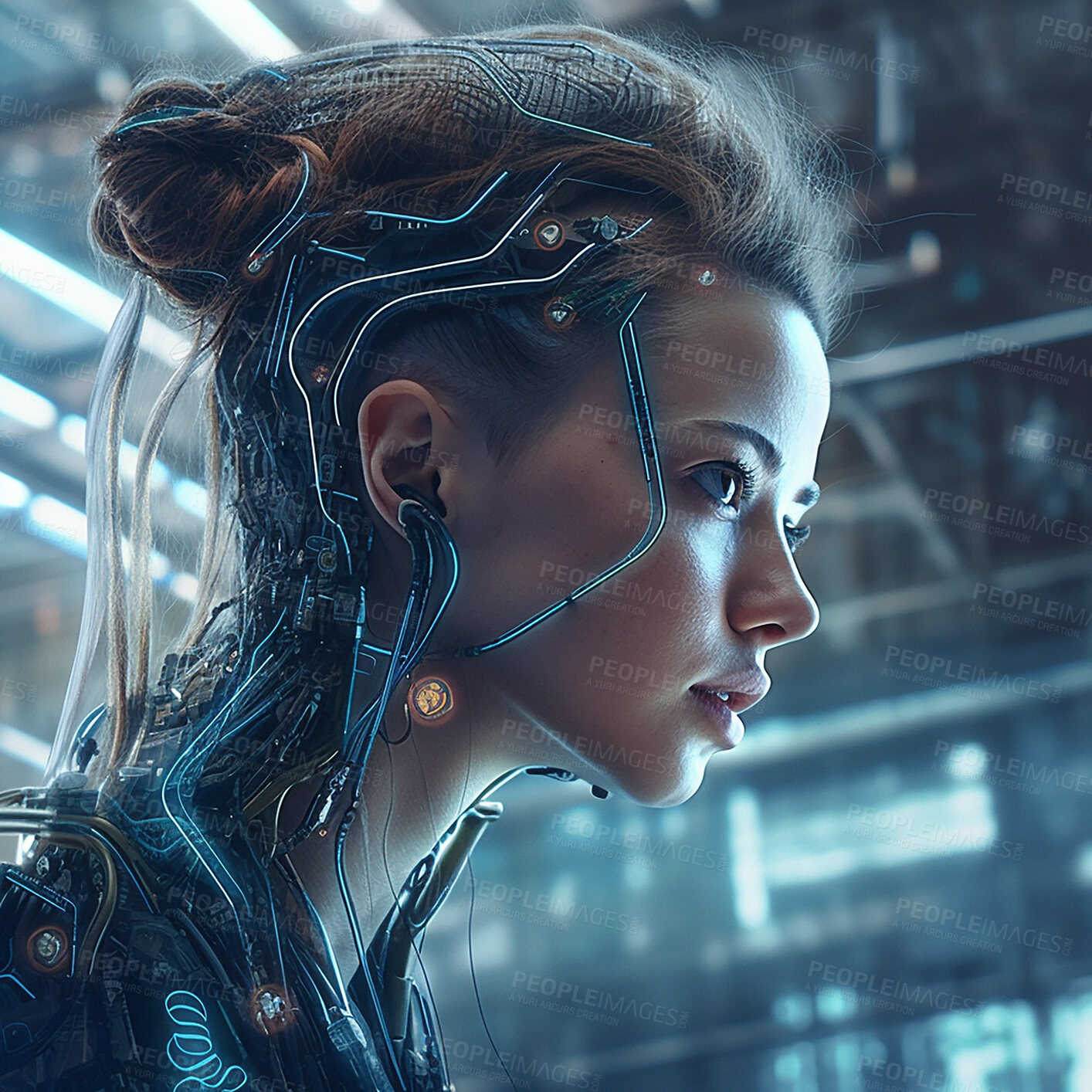 Buy stock photo Cyberpunk, futuristic gaming and scifi woman for fantasy character, digital video game and metaverse. Technology, virtual reality and girl in dystopian city at night with ai generated robot art