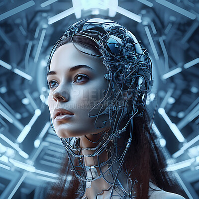 Buy stock photo Gaming, futuristic cyberpunk and scifi woman for fantasy character, digital video game and metaverse. Technology, virtual reality and girl in dystopian city at night in ai, cyborg and 3d robot art