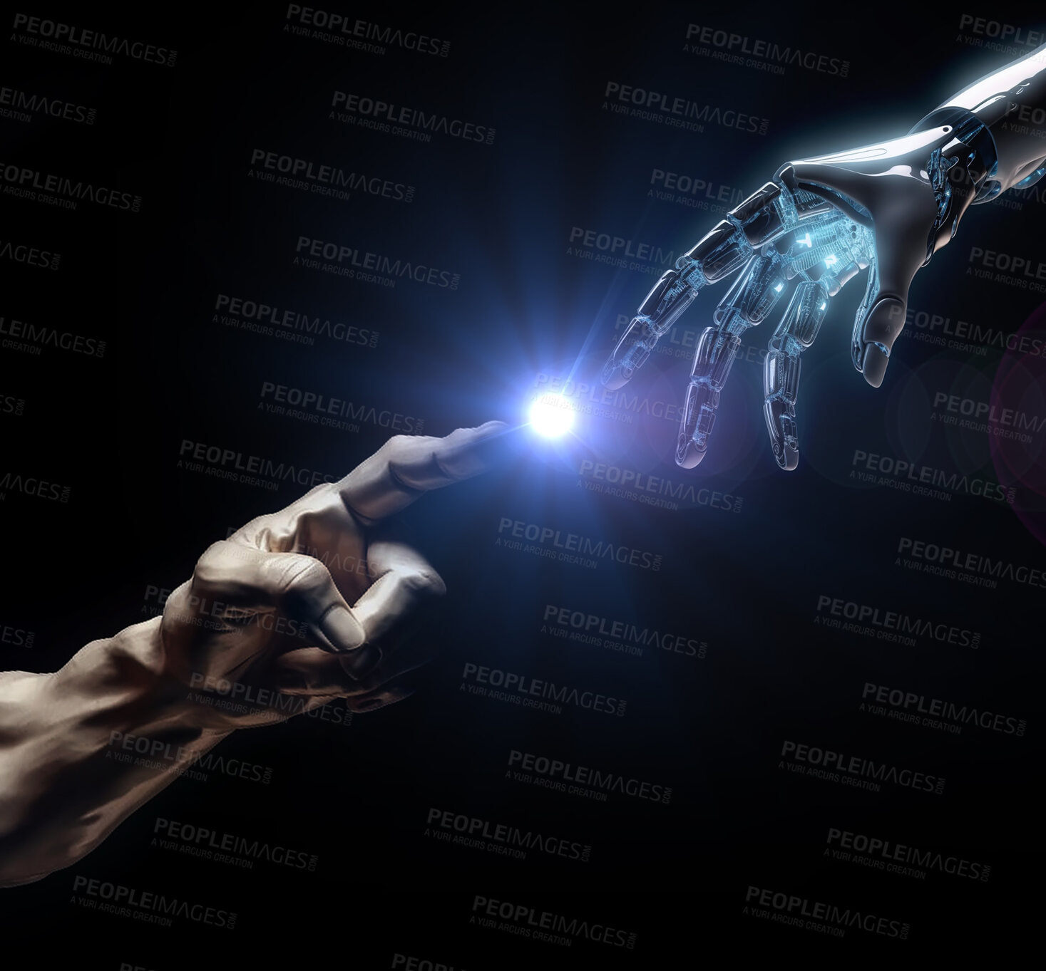 Buy stock photo Robot, human and hand touch with 3d rendering and dark background with cyber machine. Cyborg, light and hands graphic illustration showing futuristic, ai innovation and future robotic connection