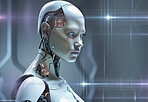 AI technology, robot or futuristic android with machine learning software, future innovation and robotic system. Humanoid face, scifi fantasy or cyborg development, automation or mechanical invention