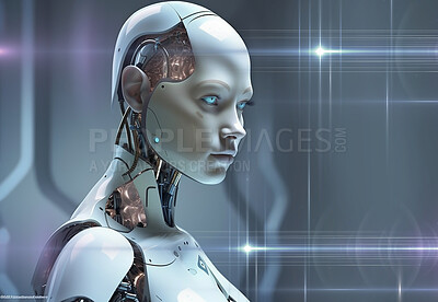 Buy stock photo AI technology, robot or futuristic android with machine learning software, future innovation and robotic system. Humanoid face, scifi fantasy or cyborg development, automation or mechanical invention