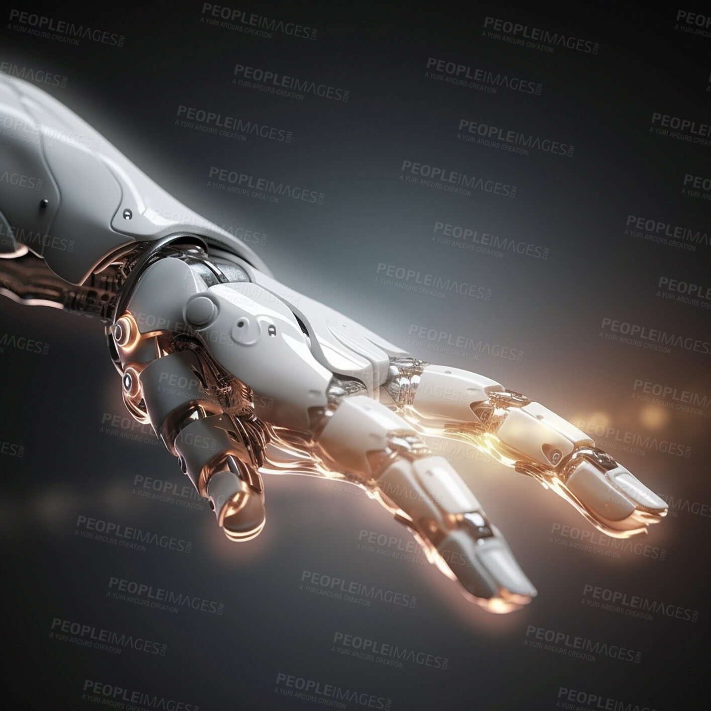 Buy stock photo Robot hand, technology and ai with futuristic, cyborg and android with scifi on black background. Automation, computer science and machine with alien, innovation and humanoid tech in studio