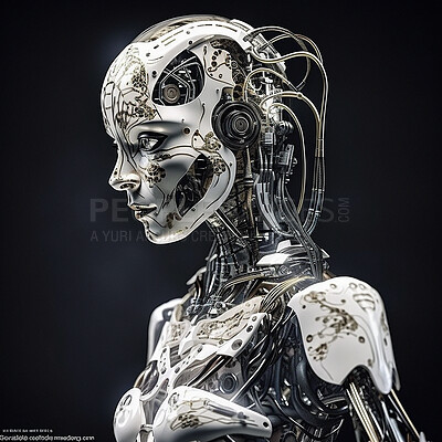 Buy stock photo Android, cyborg and female robot machine isolated on black background, new future technology or ai generated innovation. Scifi, humanoid and futuristic robotics engineering on fantasy sci fi mockup