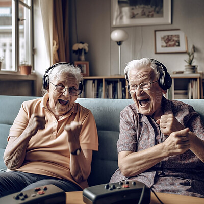 Celebrate, senior couple and video game, winning and excited celebration and online games in retirement. Happiness, ai generated old woman and man with headphones on sofa in nursing home together.