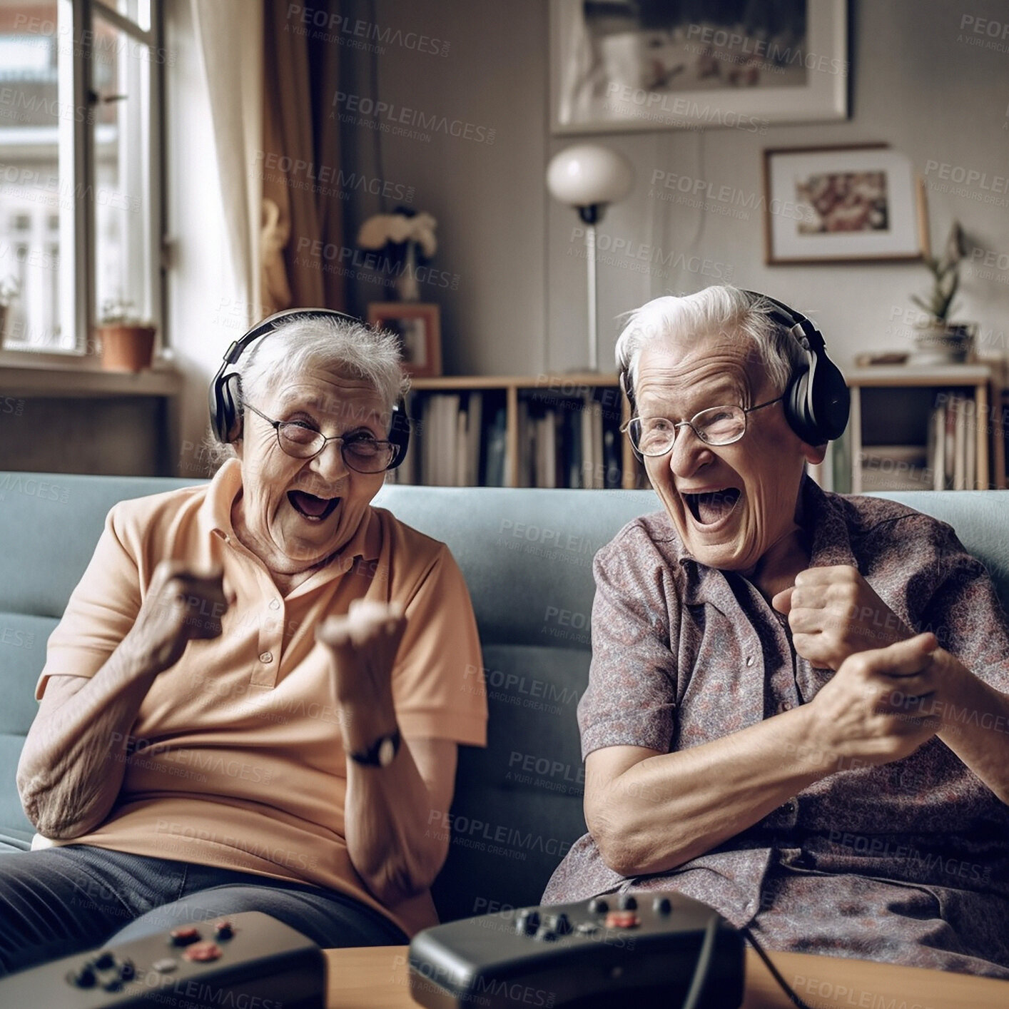 Buy stock photo Celebrate, senior couple and video game, winning and excited celebration and online games in retirement. Happiness, ai generated old woman and man with headphones on sofa in nursing home together.