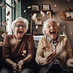 Crazy, friends and senior women laughing, funny and happiness with joy, reunion and excited. Mature females, crazy and ladies in retirement home, food and fun with bonding, humor and ai generated