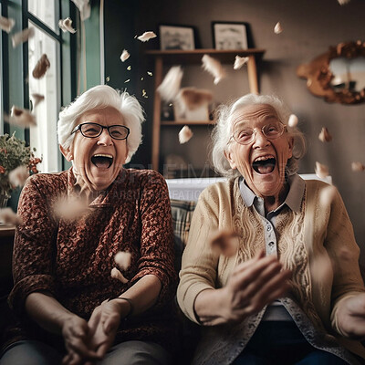 Crazy, friends and senior women laughing, funny and happiness with joy, reunion and excited. Mature females, crazy and ladies in retirement home, food and fun with bonding, humor and ai generated