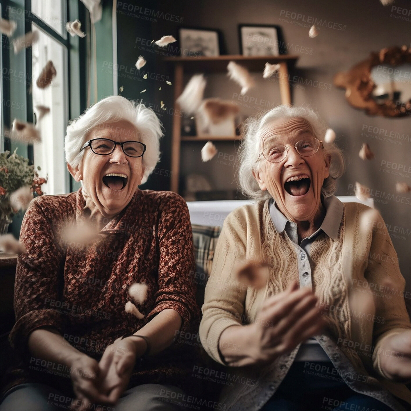 Buy stock photo Crazy, friends and senior women laughing, funny and happiness with joy at reunion. Excited, crazy ladies watching tv with popcorn in retirement home, bonding with food, fun and ai generated humor