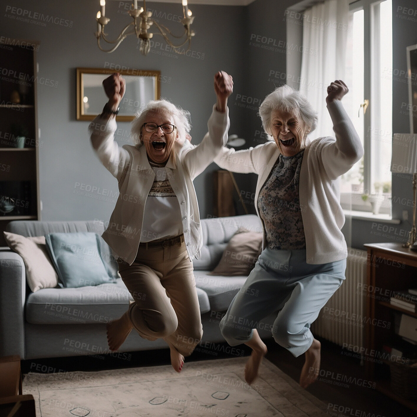 Buy stock photo Portrait, jump or excited senior women, friends or old people jumping, comic fun or happy achievement. Retirement, elderly or woman in winning celebration, home energy or Ai generated female person