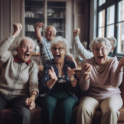 Retirement, comedy and a group of senior friends laughing while playing games together in the living room of a home. Happy, funny or bonding with mature men and woman enjoying fun, laughter or humor