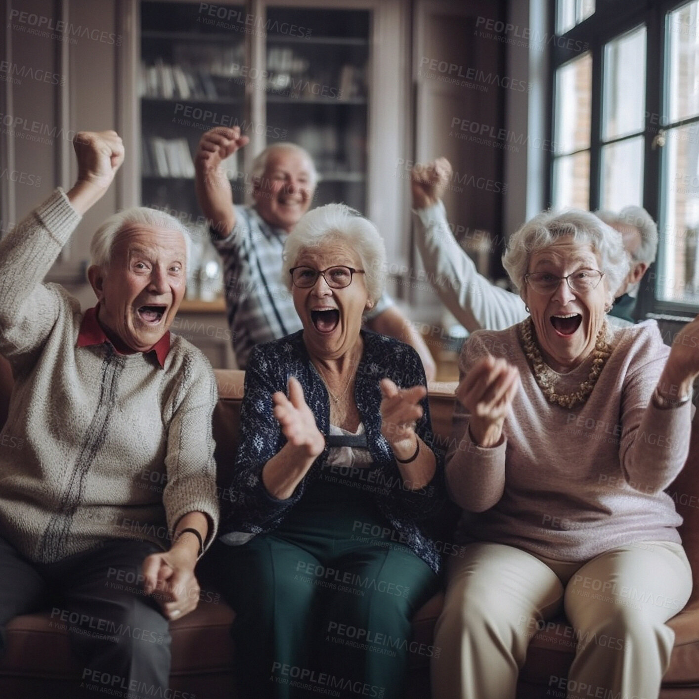 Buy stock photo Retirement, comedy and a group of senior friends laughing while playing games together in living room of home. Happy, funny or bonding with mature men and woman enjoying ai generated fun and laughter