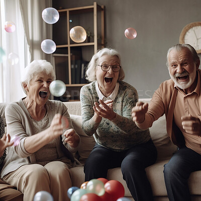 Happy, laughing and senior friends on a sofa playing games together in the living room of a home. Happiness, bonding and elderly people in retirement bonding and talking in the lounge of a house.