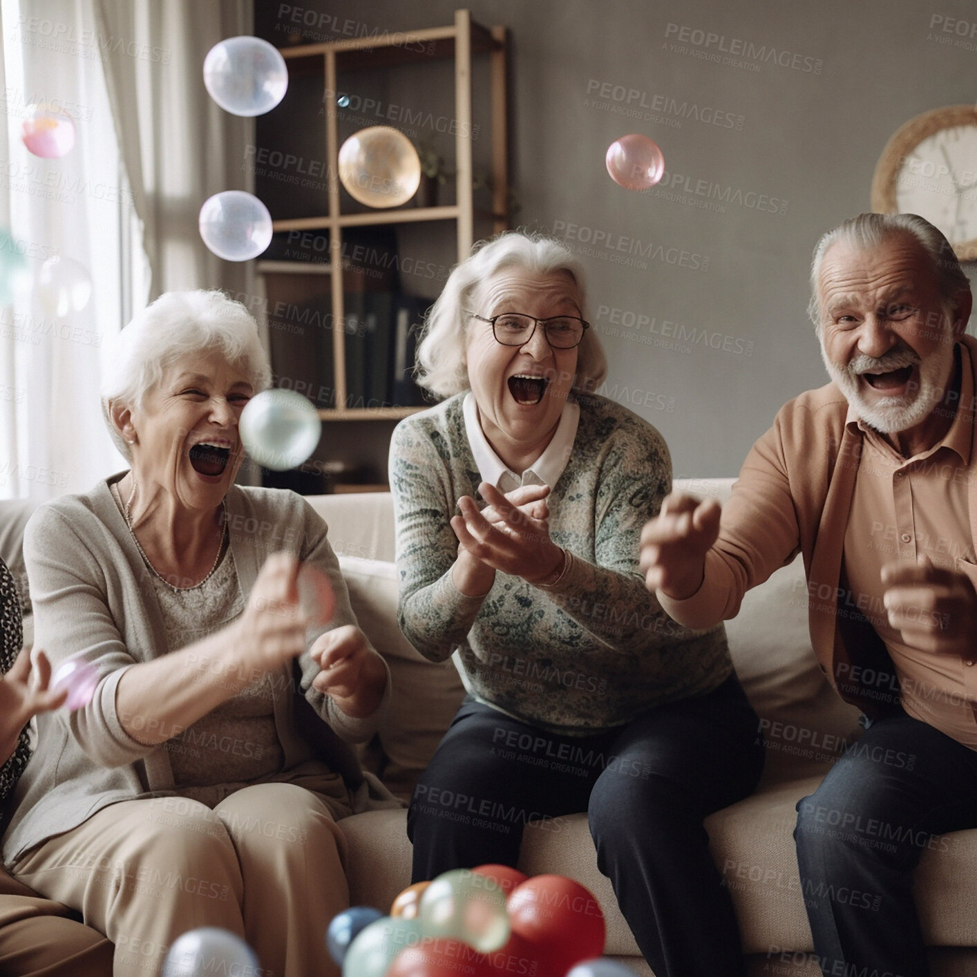 Buy stock photo Happy, laughing and senior friends on a sofa playing games together in the living room of a home. Happiness, bonding and elderly people in retirement bonding and talking in the lounge of a house.