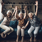 Happy, watching tv and excited senior women, friends or old people shout, celebrate and cheers for entertainment. Retirement home celebration, group and elderly woman, female or person scream on sofa