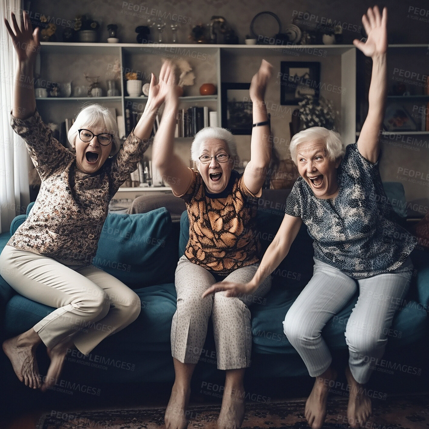 Buy stock photo Happy, watching tv or excited senior women, friends or old people shout, celebrate and group cheers for entertainment. Retirement home celebration, elderly woman or Ai generated female scream on sofa