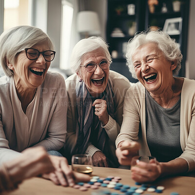 Laughing, women and elderly friends on a sofa playing games together in the living room of a home. Happiness, bonding and senior females in retirement bonding and talking in the lounge of a house.