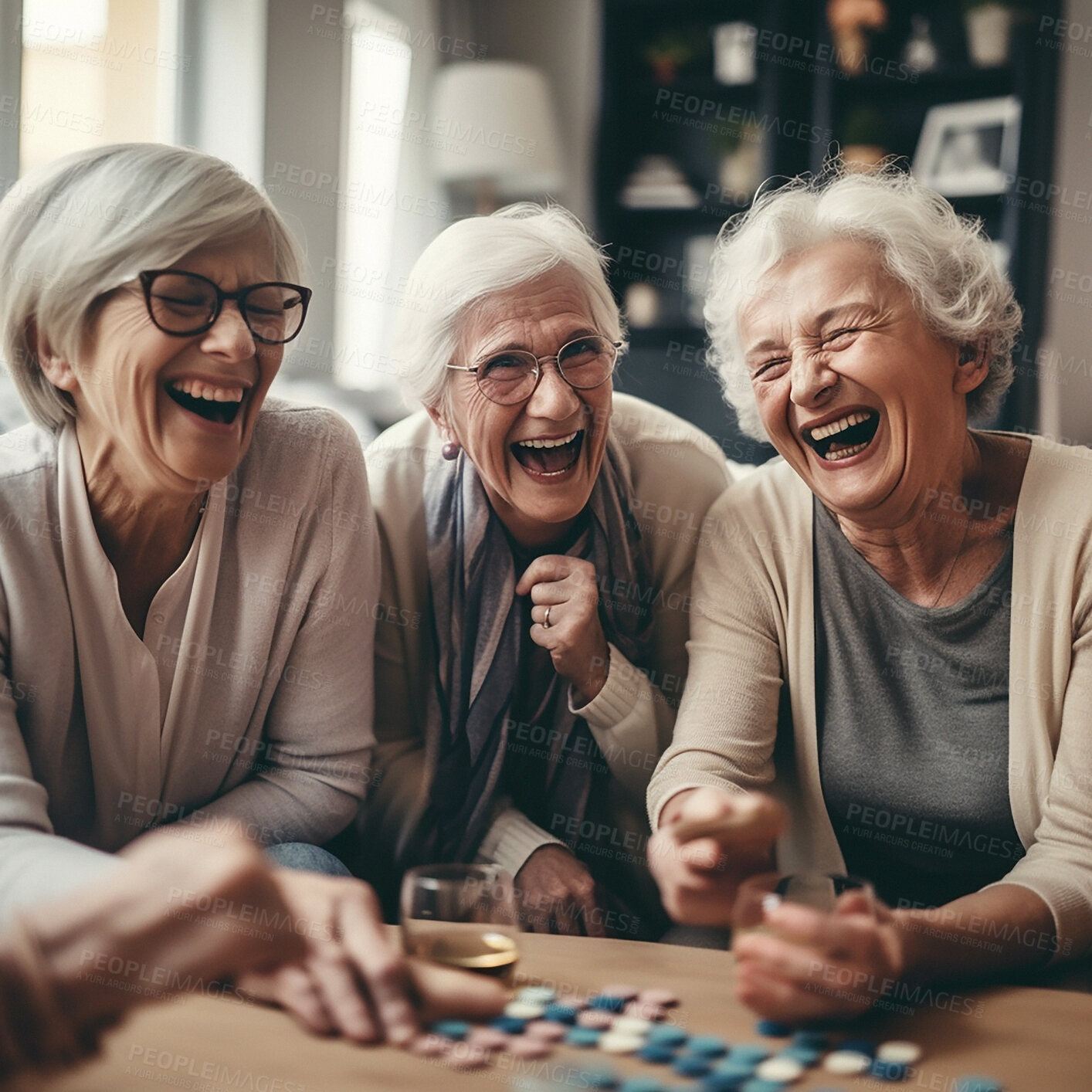 Buy stock photo Laughing, women and elderly friends on a sofa playing games together in the living room of a home. Happiness, ai generated and senior females in retirement bonding and talking in the lounge of house.