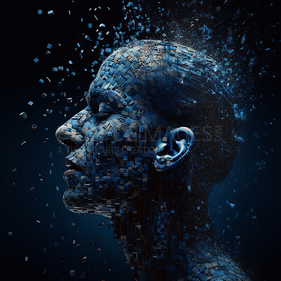 Futuristic, connection and human face with data analysis, network and innovation on dark studio background. Abstract, artificial intelligence and robotics with future ai, 3d illustration or metaverse