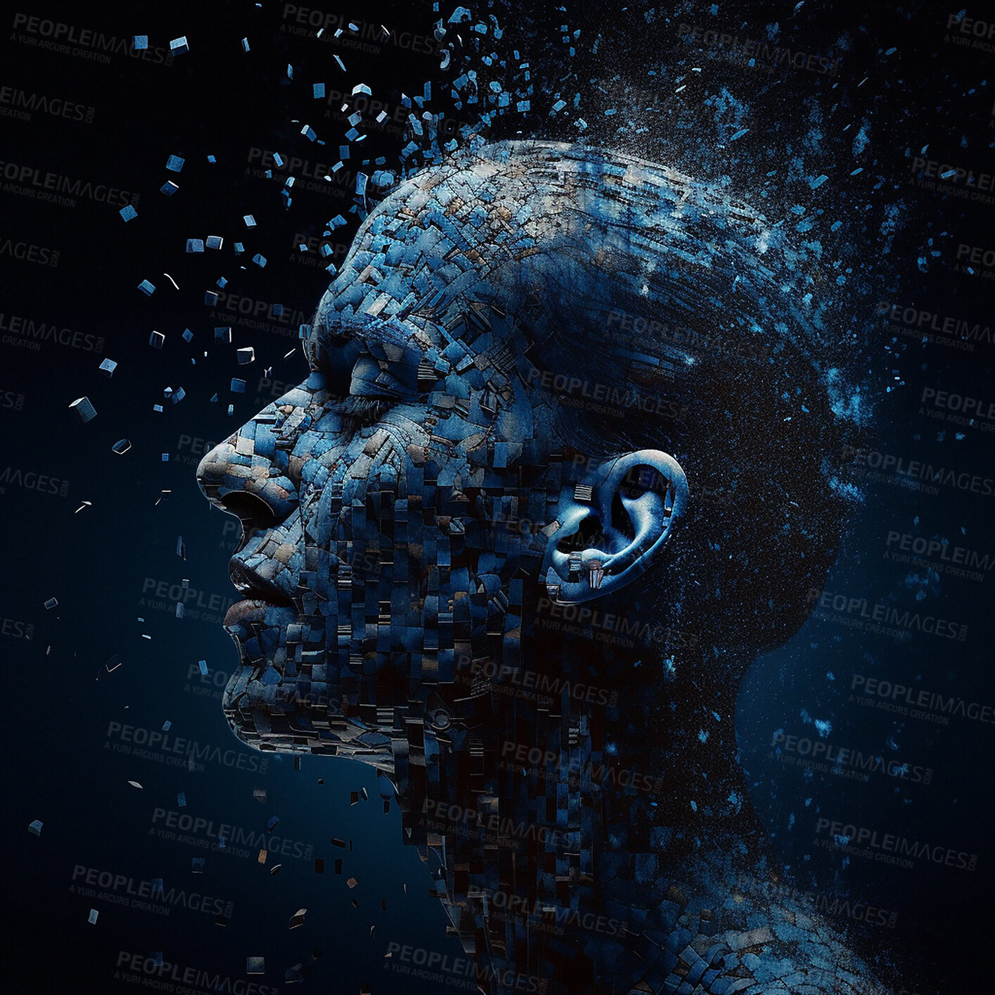 Buy stock photo Futuristic, ai and human face with big data, network and innovation on dark studio background. Abstract, artificial intelligence and robotics with future connection, 3d illustration and metaverse