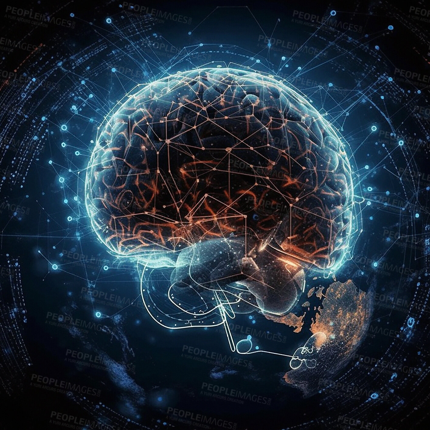 Buy stock photo Brain, digital transformation and ai with future and 3d, human mind and tech with digital world. Cyber, knowledge and organ with intelligence, neurology or neuroscience, global network and hologram