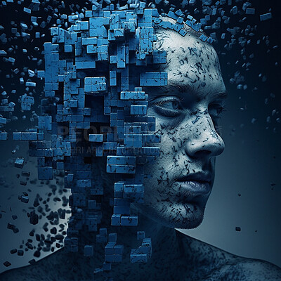 Face construction, cube or man with innovation, futuristic or abstract on studio background. Male, guy or robotics with artificial intelligence, human head or data with connection or 3d illustration