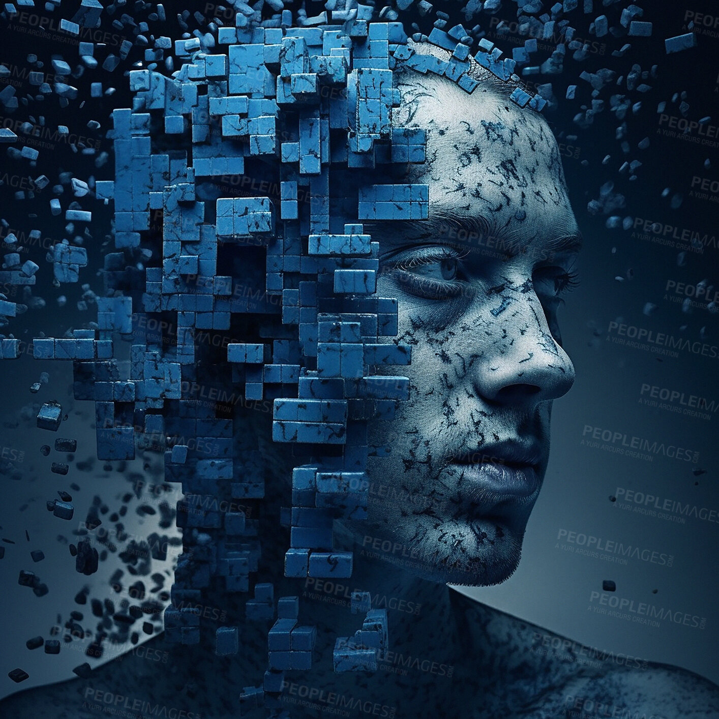 Buy stock photo Face, ai and man with big data, futuristic and abstract against studio background. Male, guy and robotics with artificial intelligence, human head or innovation with connection or 3d illustration