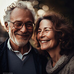 Love, romance and senior couple with smile and bokeh on romantic evening celebration. Outdoor date, retirement and happy man with woman in relationship or ai generated marriage anniversary