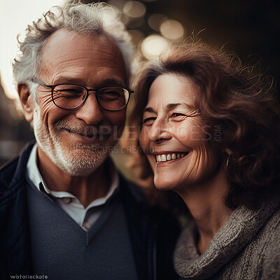 Love, romance and senior couple with smile and bokeh on romantic evening celebration. Outdoor date, retirement and happy man with woman in relationship or ai generated marriage anniversary