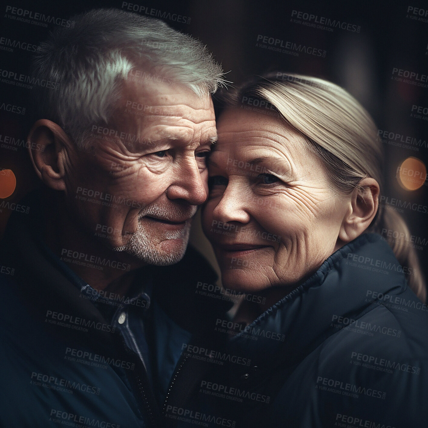 Buy stock photo Love, portrait of old woman and man with smile on face, bokeh and romantic evening anniversary celebration. Retirement and senior couple in happy relationship or ai generated mature marriage