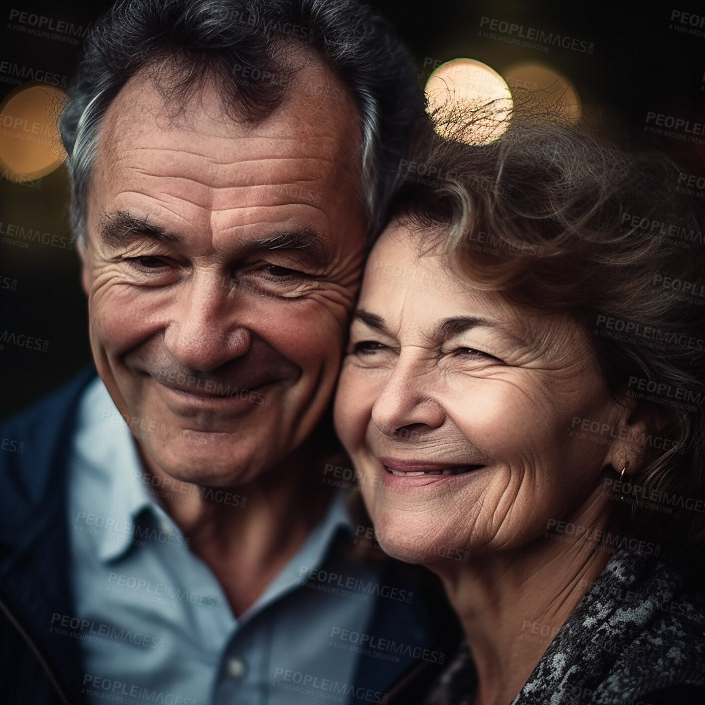 Buy stock photo Love, date at night and old couple with smile and bokeh on romantic evening celebration together. Romance, retirement and happy man with woman in relationship or ai generated marriage anniversary