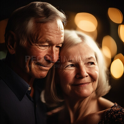 Love, romance and old couple with smile on face, bokeh and romantic evening anniversary celebration together. Retirement and senior man, woman in happy relationship or ai generated marriage