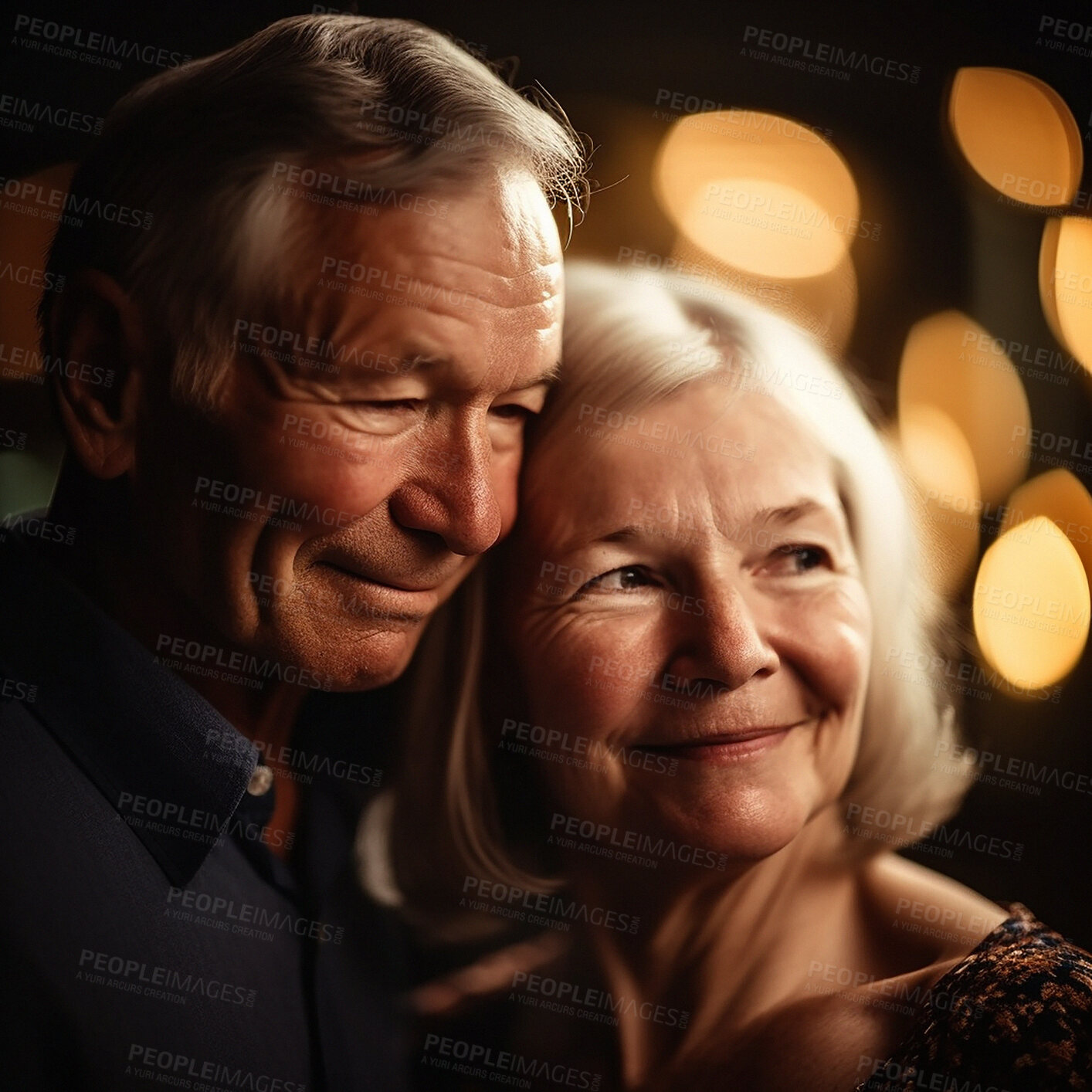 Buy stock photo Love, romance and old couple with smile on face, bokeh and romantic evening anniversary celebration together. Retirement and senior man, woman in happy relationship or ai generated marriage