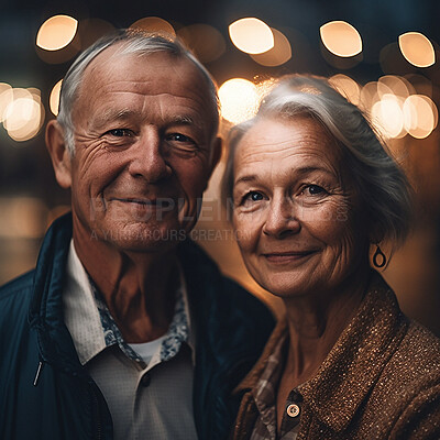 Love, marriage and portrait of old couple with smile, bokeh and romantic evening celebration together. Romance, retirement and man with senior woman in happy relationship or ai generated anniversary