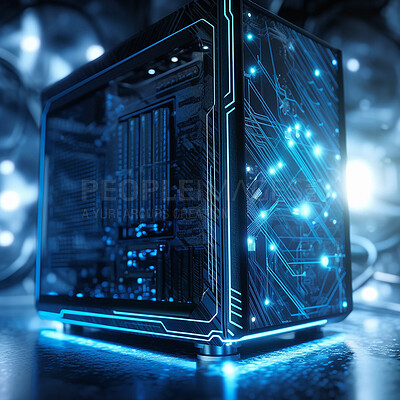Futuristic, computer case and server machine technology with power for digital processing, circuit or motherboard. Ai tech of electrical box or PC for data storage, information or mainframe system