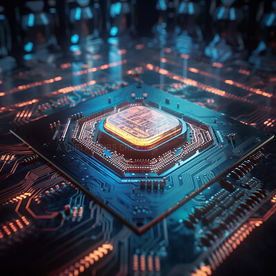 Closeup, cpu and motherboard for computer circuit with microchip, hardware or information technology. IT, data science and system with process, programming and cyber security for mock up in night