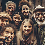 Family, happy portrait and diversity selfie or smile with children, parents and grandparents bonding. Senior men, women and kid face group for support, security and time with love and care on holiday