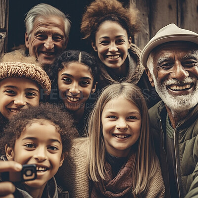 Family, happy portrait and diversity selfie or smile with children, parents and grandparents bonding. Senior men, women and kid face group for support, security and time with love and care on holiday