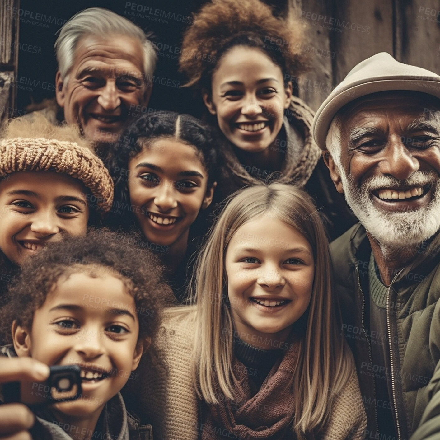 Buy stock photo Family, happy portrait and diversity selfie or smile with children, parents and grandparents bonding. Senior men, women and kid face group for ai generated care with love and happiness on holiday