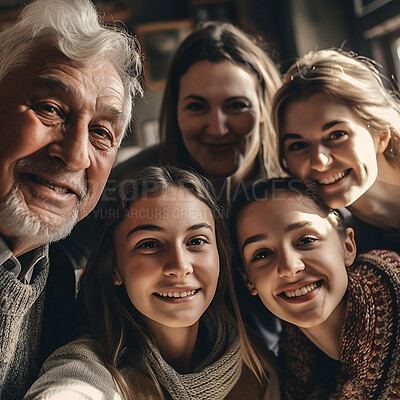 Ai, selfie and portrait of grandparents, parents and children at home with digital, futuristic and 3d photo filter. Family, creative technology and augmented faces of happy people smile for picture